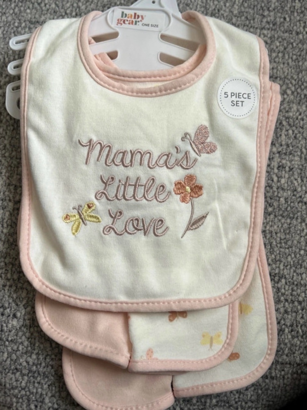 Baby Gear Cream and Pink 5-Piece Bib Set with Floral Embroidery